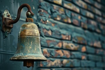 Fototapeta premium Old rusty metal bell is hanging on a weathered brick wall