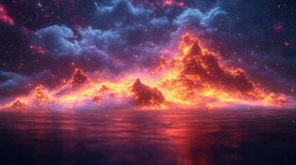 A spectacular digital rendering of glowing mountains against a starry night sky, with vibrant colors reflecting from the calm water surface below.