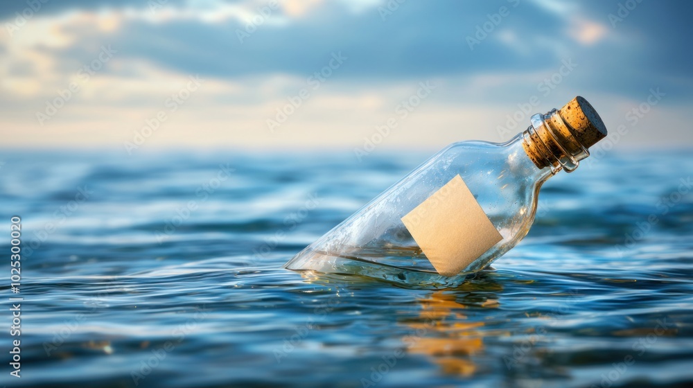 Poster a message in a bottle floating in the ocean, representing hope and mystery