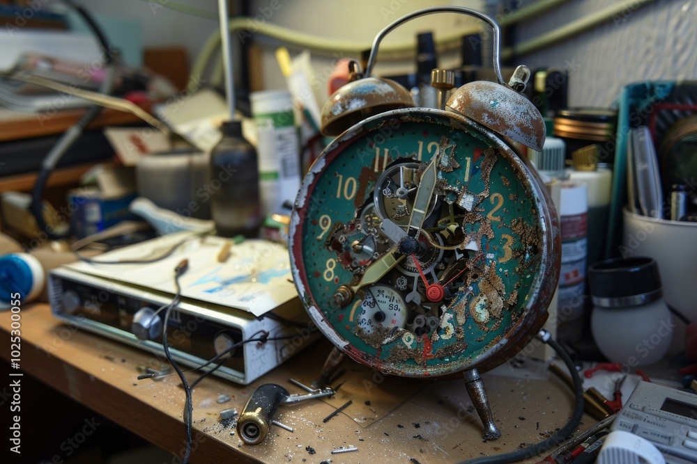 Poster old broken alarm clock showing its cogs is standing on a cluttered workbench
