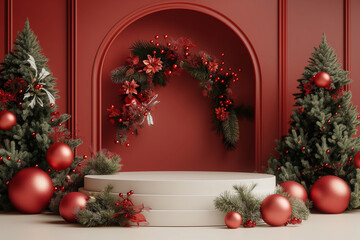 A red and white Christmas scene with a white pedestal and a red archway