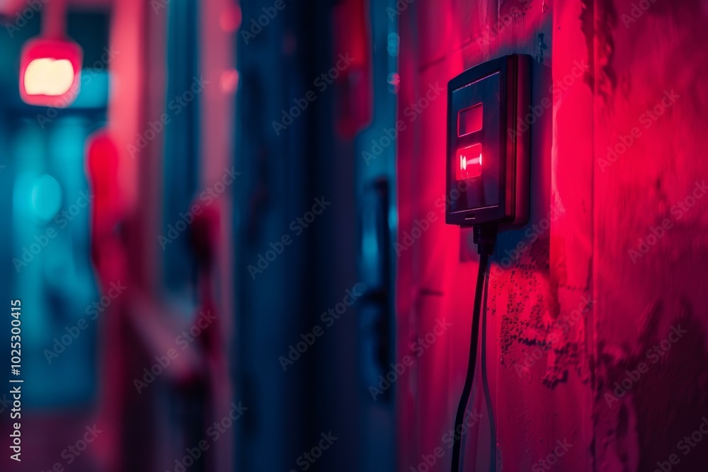 Poster red emergency button is flashing on a wall in a dark corridor with a blurry background