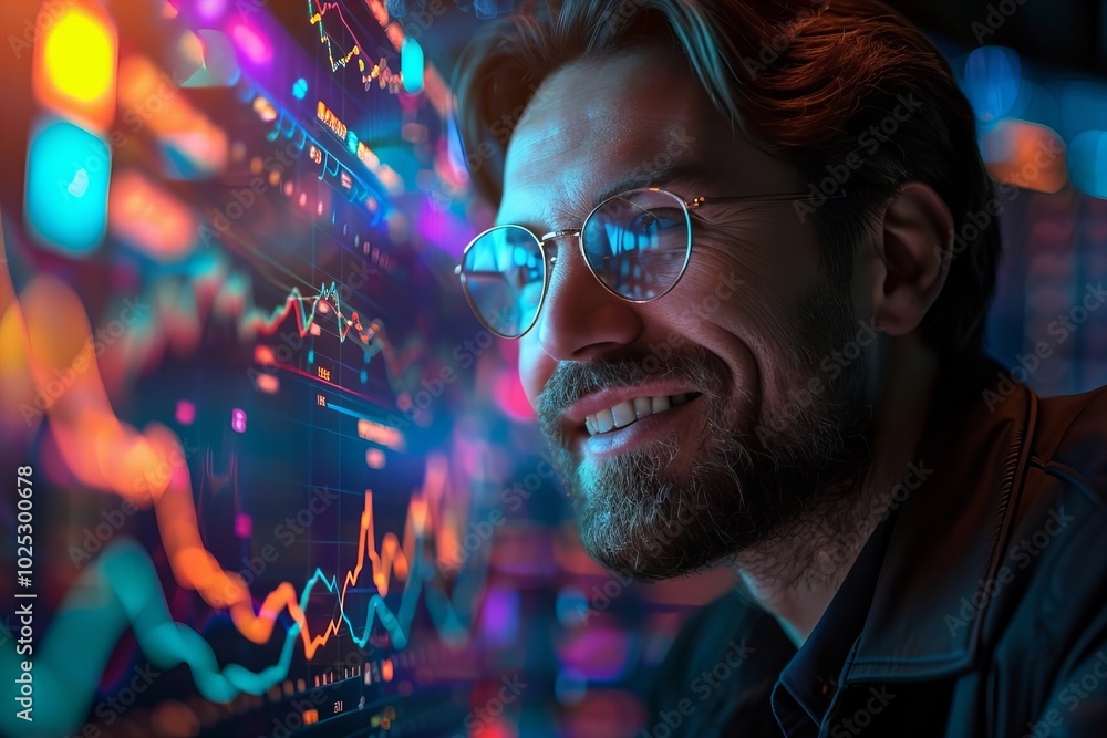 Poster analyzing sales data and economic growth graph: professional businessman with glasses and beard repo