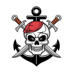 A skull wearing a red beret is flanked by crossed swords and positioned above an anchor