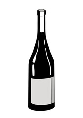 Wine bottle in black and white minimalist style. Hand drawn doodle illustration of wine bottle, isolated on transparent background. Design for pub, restaurant, cafe