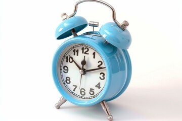 Blue alarm clock ticking on white background showing almost ten o'clock