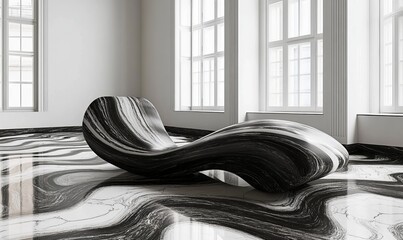 Explore the intricate design of flowing black and white marble waves creating a stunning visual effect in modern interior spaces
