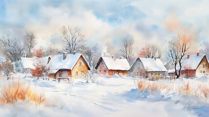Charming winter village  a colorful watercolor painting capturing snowy serenity