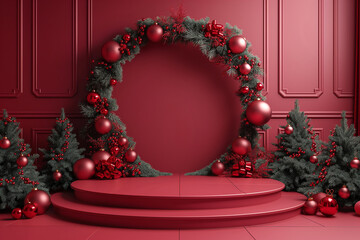 A red stage with a large wreath of red and green leaves and a red