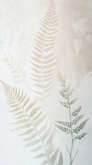 Naklejka premium Stylized botanical illustrations featuring ferns and leaves in soft, muted colors, arranged elegantly on a textured paper background