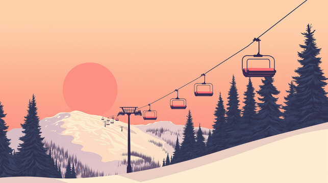 Beautiful ski resort in snowy mountains, minimalist flat illustration, vector art poster, ski poster, Ultra-high resolution