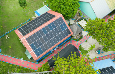 Modern green  powered by renewable energy. N.Lhohi School - Maldives, Aerial view .
