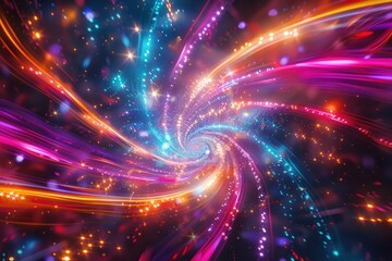 Vibrant Neon Fireworks and Swirling Light Trails Against Starry Night Sky