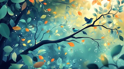Two Blue Birds Perched on a Branch with Falling Leaves