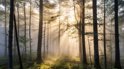Fototapeta premium misty forest at sunrise