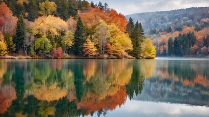 a serene lake reflecting the autumn trees