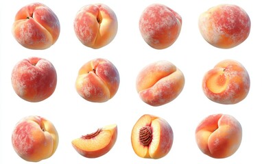 A high-resolution image of perfectly ripe, fuzzy peaches isolated on a pure white background