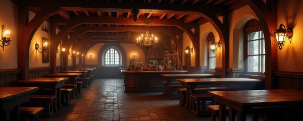 Obraz premium A cozy, rustic tavern interior featuring wooden beams, warm lighting, and long tables, ideal for creating a welcoming atmosphere in hospitality and dining promotions.