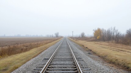 Fototapeta premium Single railroad track disappearing into the distance, minimal background.