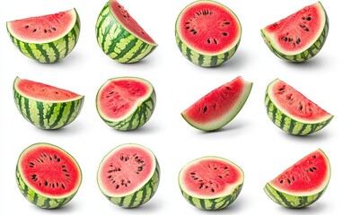 A high-resolution image of perfectly ripe, juicy watermelon slices isolated on a pure white background. 