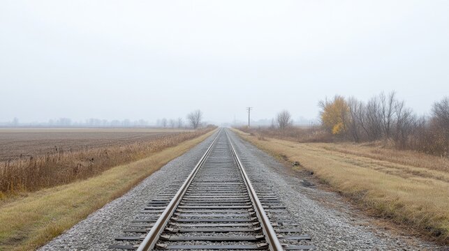 Single railroad track disappearing into the distance, minimal background. - Powered by Adobe