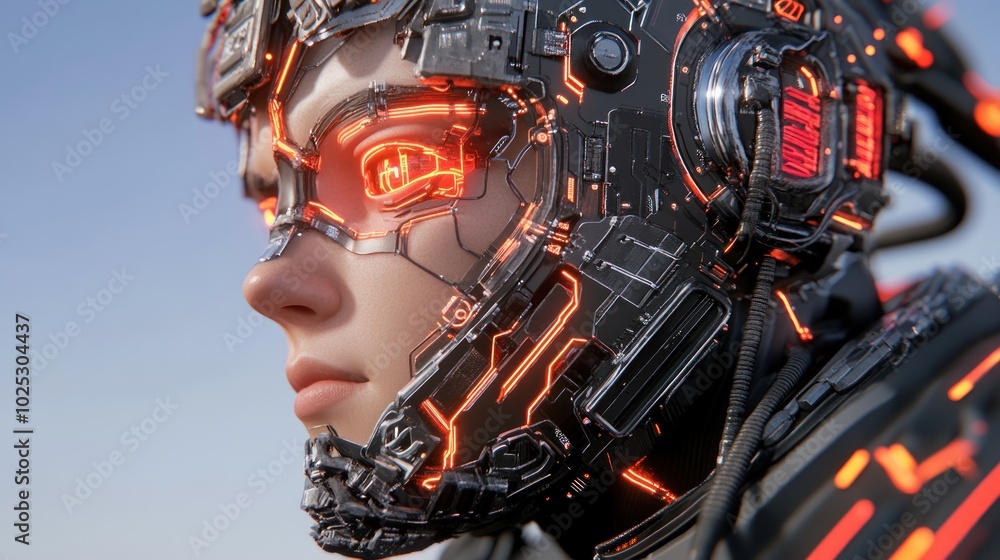 Poster close-up of a cyborg's face with glowing red lines