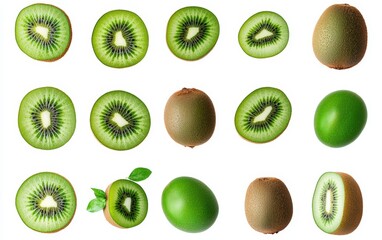 Fototapeta premium A high-resolution image of perfectly ripe, vibrant green kiwi fruits isolated on a pure white background. 