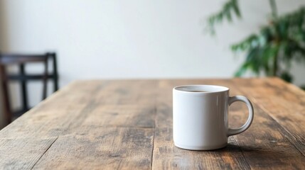 Obraz premium Minimalist white coffee cup on a wooden table, with soft natural lighting.