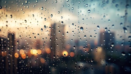 Raindrops falling on window creating abstract background