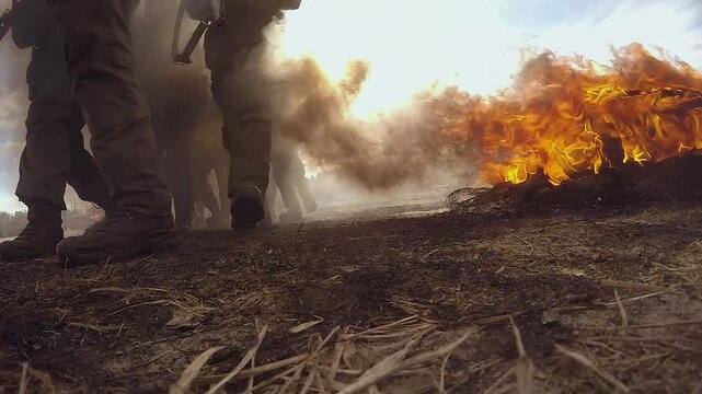 SUPER SLOW MOTION: group of soldiers walks through smoke and flames. Group of infantrymen on battlefield moves forward. Low angle view. Tactically Walking Through Flames and Smoke. Ukrainian Marines