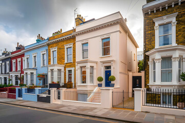 A vibrant avenue of upscale townhouses in West London's Noting Hill neighborhood.