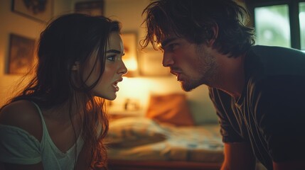 Naklejka premium A close up couple arguing in a small, cluttered apartment, woman is sitting on the floor near the wall, man stands over her