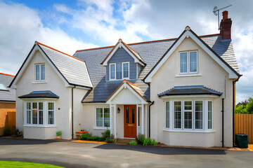 White quartz render, upvc double-glazed windows, a front porch, and a slate roof characterize this UK bungalow.