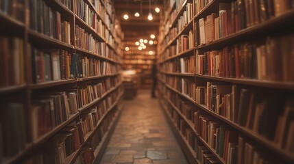 Obraz premium close up a quiet bookstore with shelves filled with books, book lover exploring through various categories in tranquil atmosphere