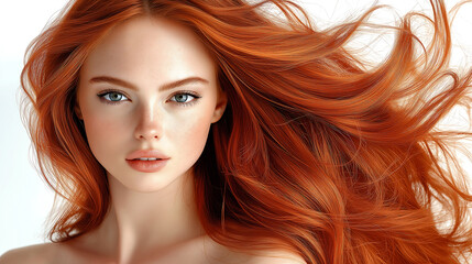 Obraz premium hair dye packaging image featuring a woman with well-groomed, wavy copper red hair. Her hair should appear smooth, glossy, and voluminous, with rich copper tones