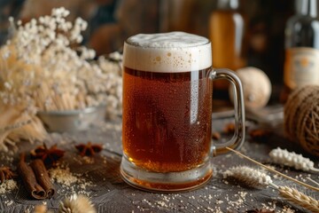 Fototapeta premium Glass mug of cold, frothy beer sits on a rustic wooden table, surrounded by spices and grains