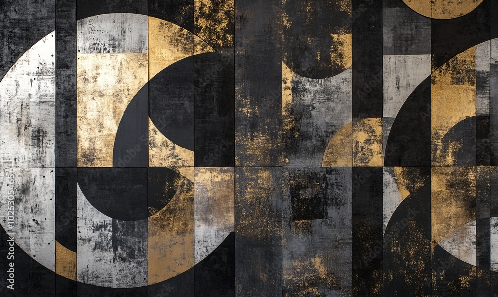 Poster geometric shapes and patterns in metallic ink on recycled material create a striking visual display 