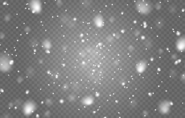Vector flying snow. Snowfall on isolated transparent background. Christmas or winter background. Snow or snowflakes png.
