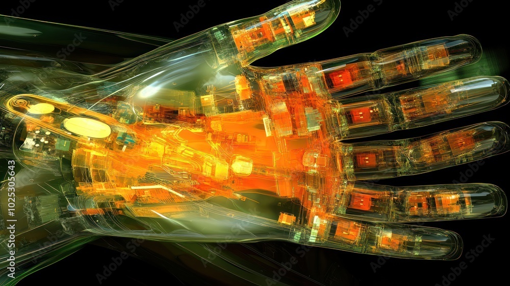 Poster transparent robotic hand with glowing internal circuitry