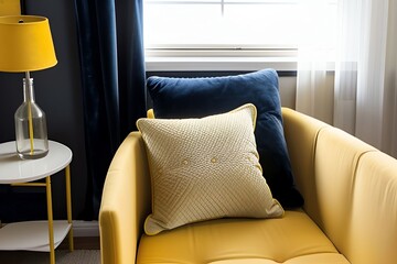 closeup of pillows on sofa next to a vase and curtain in the background