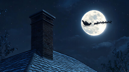 On the roof of a house you see Santa Claus flying in his sleigh to deliver gifts on the beautiful Christmas night under the moonlight.