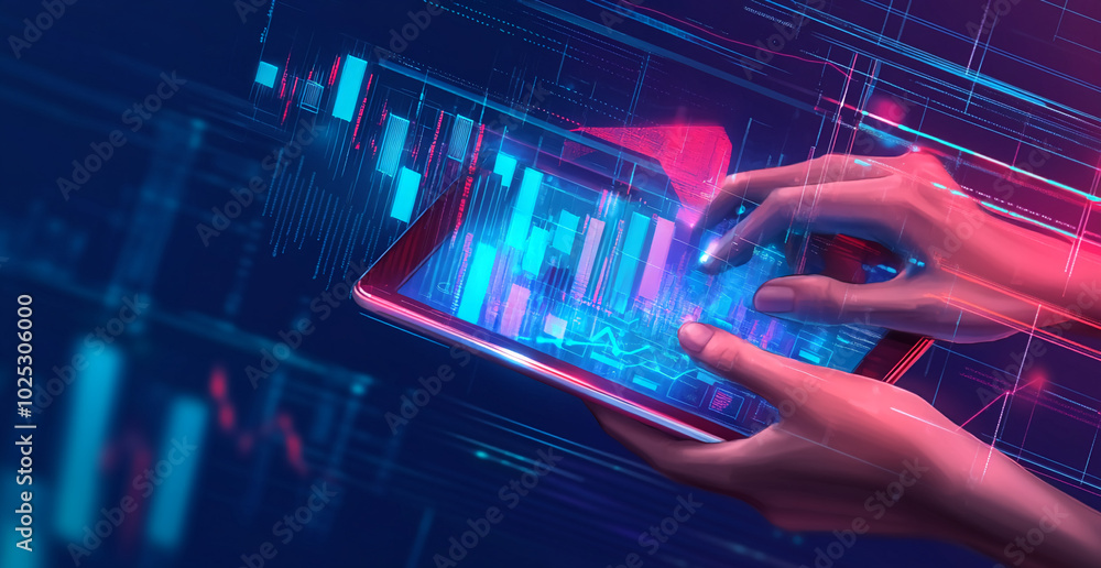 Aufkleber A hand interacts with a tablet displaying charts and data, representing modern technology and analysis
