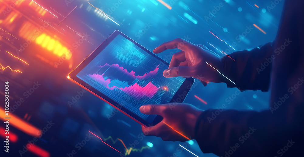 Poster A person is analyzing a digital graph on a tablet, with colorful lights in the background
