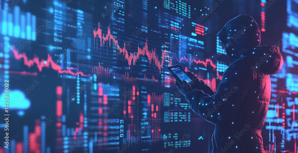 Poster a person looks at data on a screen, analyzing charts and graphs