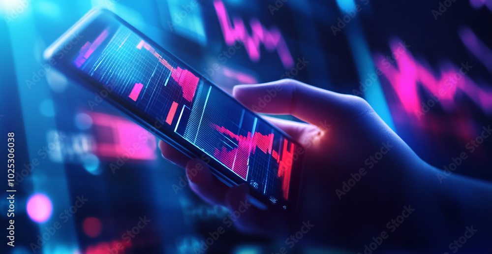 Poster a hand holds a smartphone displaying a stock market graph, illuminated by blue and pink lights
