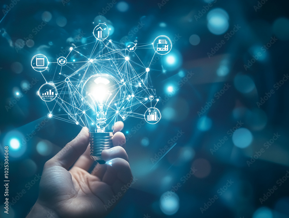 Poster a hand holds a glowing light bulb connected to a network of digital icons, representing innovative i
