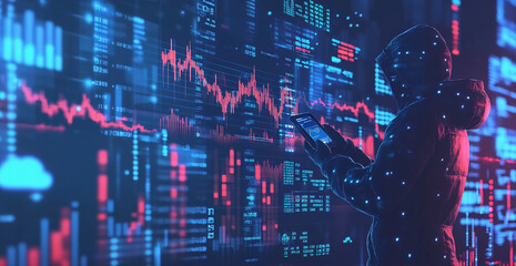 A person looks at data on a screen, analyzing charts and graphs
