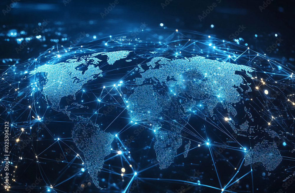 Poster A digital map of the world with glowing lines connecting various points, representing global connectivity
