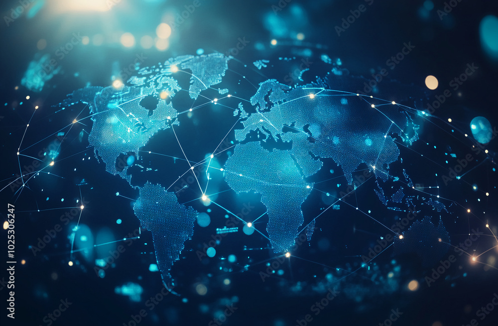 Poster An abstract illustration depicts a world map with glowing lines connecting points on a blue background. The lines resemble connections between different points on the globe.
