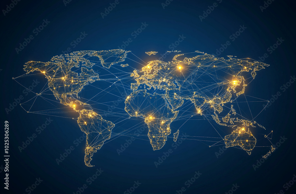 Poster a stylized world map with glowing connections between continents represents global network connectiv